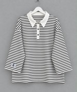 Polo Yaka Çizgili Salaş Sweatshirt Siyah