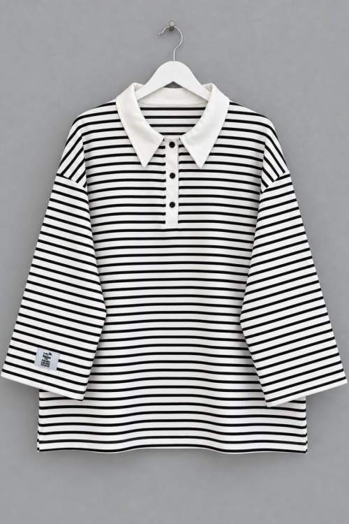 Polo Yaka Çizgili Salaş Sweatshirt Siyah