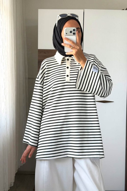 Polo Yaka Çizgili Salaş Sweatshirt Siyah