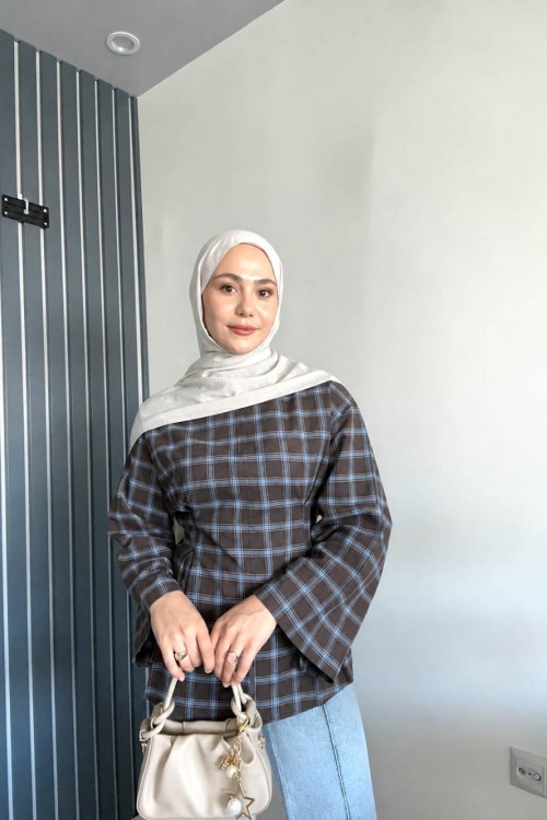 Mina  Yırtmaçlı Ekose Bluz Mavi