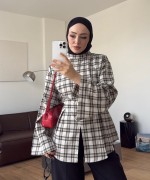 Mina  Yırtmaçlı Ekose Bluz Bej