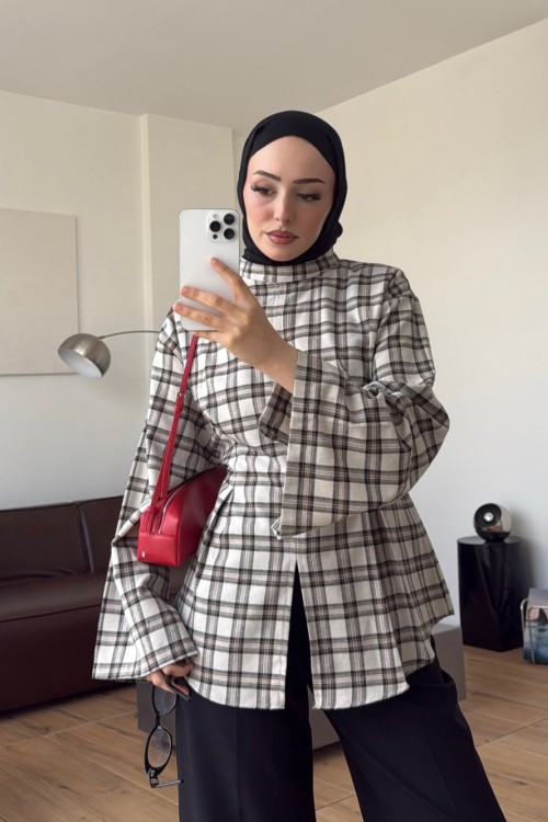 Mina  Yırtmaçlı Ekose Bluz Bej