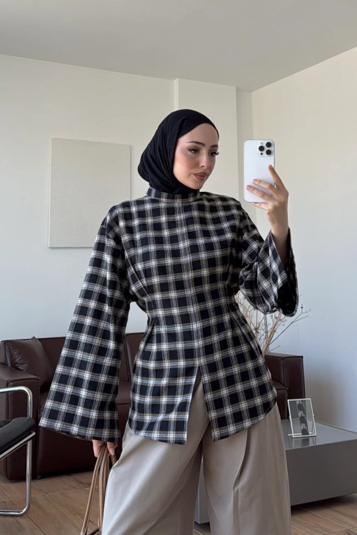 Mina  Yırtmaçlı Ekose Bluz Sarı
