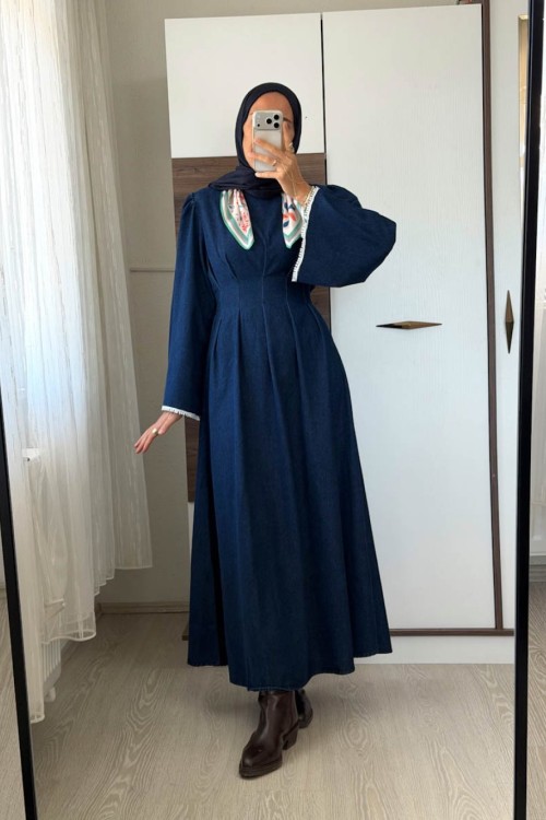 Çan Kol Pensli Denim Elbise Lacivert