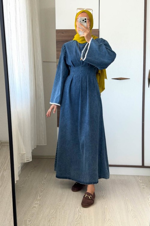 Çan Kol Pensli Denim Elbise Koyu Mavi