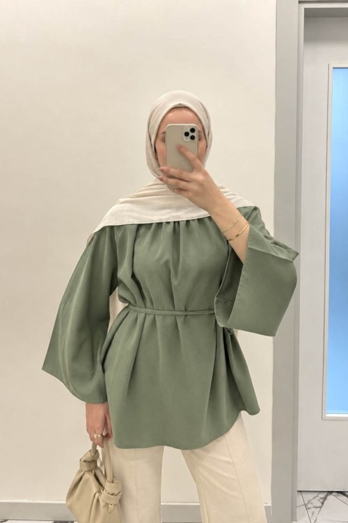 Hakim Yaka Oversize Tensel Bluz Yeşil