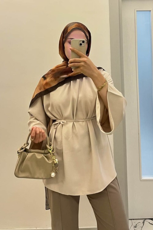 Hakim Yaka Oversize Tensel Bluz Bej