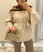 Hakim Yaka Oversize Tensel Bluz Bej