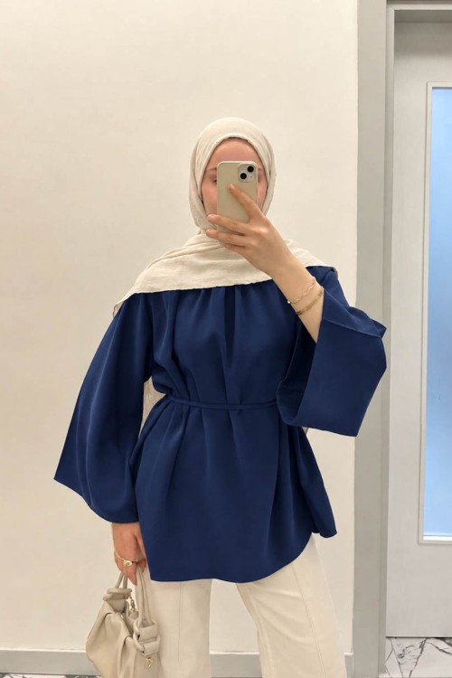 Hakim Yaka Oversize Tensel Bluz Lacivert