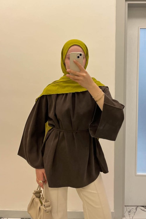 Hakim Yaka Oversize Tensel Bluz Kahverengi