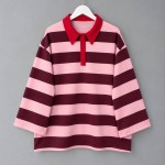 Renkli Yakalı Şeritli Sweatshirt Mürdüm
